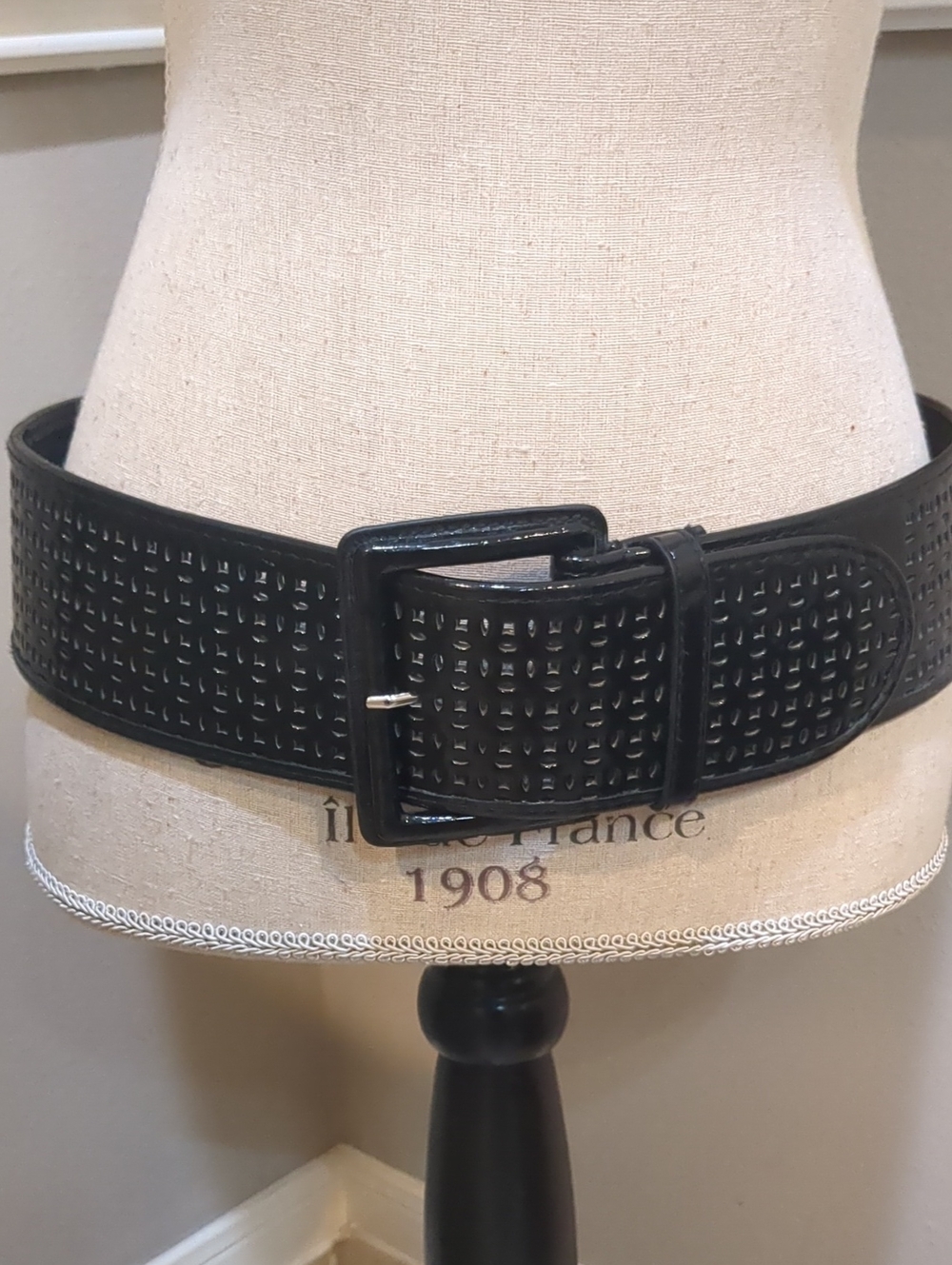 White House Black Market Black Perforated Waist Belt with Embossed Logo